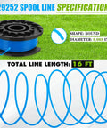 Replacement Spool For Weed Eater String 0.065 Inch 16 Ft Auto Feed Line For Cordless Trimmers Compatible With Greenworks 24V Models Includes 10 Spools And 2 Caps Easy Install, showing round spool of blue line with specifications.