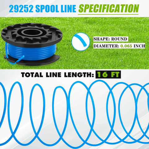 Replacement Spool For Weed Eater String 0.065 Inch 16 Ft Auto Feed Line For Cordless Trimmers Compatible With Greenworks 24V Models Includes 10 Spools And 2 Caps Easy Install, showing round spool of blue line with specifications.