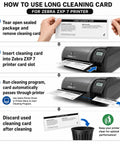 How to use 24 Pack Printer Cleaning Card Kit For Zebra Zxp Series 7, with steps for cleaning process and printer insertion.