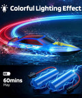 Kids RC Boat With LED Lights Self Righting Waterproof Fast Racer For Pool Lake River Or Pond Dual Speed Modes 60 Minute Runtime