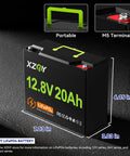 12V 20Ah LiFePO4 Battery With Built In 20A BMS showing dimensions, portable handle, M5 terminal for outdoor power needs