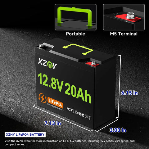 12V 20Ah LiFePO4 Battery With Built In 20A BMS showing dimensions, portable handle, M5 terminal for outdoor power needs