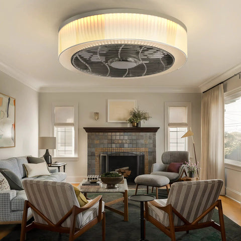 16 Inch Bladeless Ceiling Fan With Light, Modern Low Profile Enclosed Flush Mount, Dimmable LED Technology, Safe Cage Housing, Remote Control Included, Ultra Quiet Operation For Bedroom And Low Ceiling Rooms