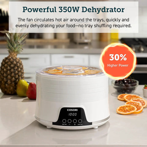 Compact Food Dehydrator With 5 Spacious Trays, Adjustable 95 To 165 Fahrenheit Temp, 48 Hour Timer on kitchen countertop with fruit.