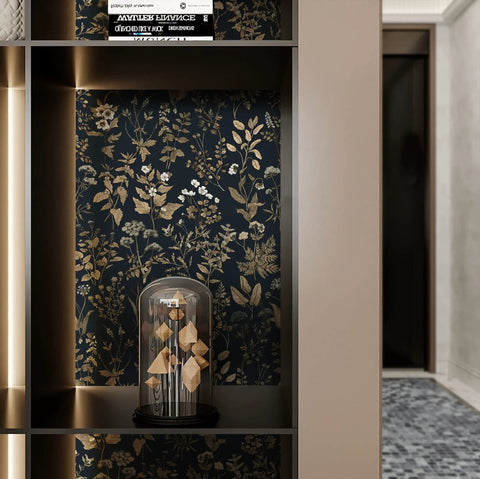 Delicate Floral Peel And Stick Wallpaper In Black And Gold With Leaf Accent 78.7 By 16.1 Inches Waterproof Self Adhesive Vinyl Roll For Walls Or Shelves Removable Vintage Flower Print Decor in a bookshelf display.