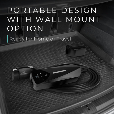 Dual Level Portable EV Charger For J1772 Vehicles 8-40A Output on car trunk liner, with NEMA plugs, wall mount option.