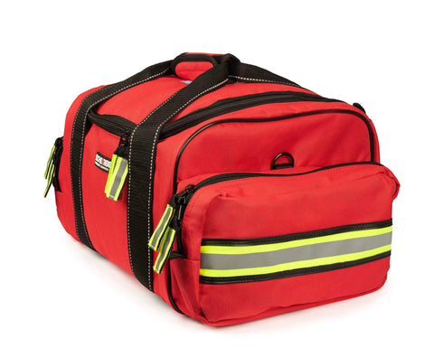 Scherber first responder bag, red EMT trauma kit with reflective strip and multiple zipped pockets.