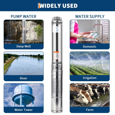 Deep Well Submersible Pump 1HP 230V 60Hz Stainless Steel 4 Inch Well Pump with varied usage including irrigation and domestic water supply