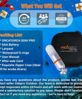 SD01PRO Upgraded Bright Dive Signal Light package with beacon, lanyard, battery, manual, and zippered case.