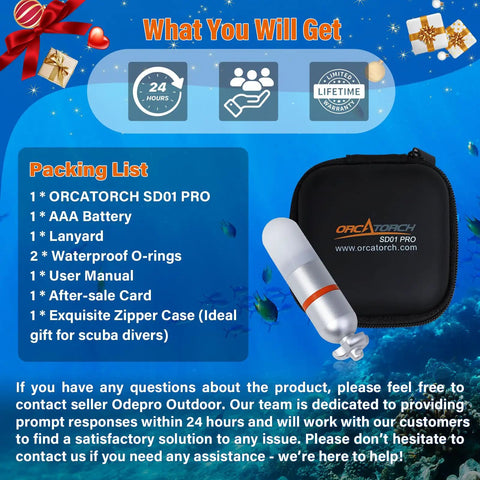 SD01PRO Upgraded Bright Dive Signal Light package with beacon, lanyard, battery, manual, and zippered case.
