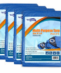 Blue 8x10 Foot Heavy Duty Waterproof Tarps Pack Of 4 For Camping And Outdoor Projects displayed in packaging