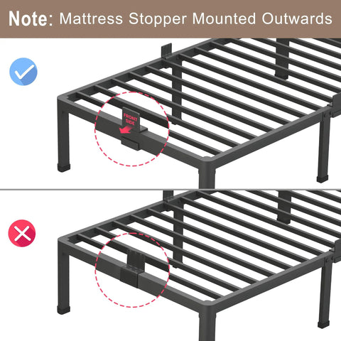 Heavy Duty King Bed Frame Built Like A Tank With 3500 Pound Capacity showing correct and incorrect mattress stopper mounting.