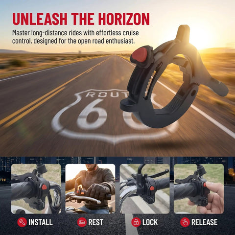 Universal Motorcycle Throttle Cruise Control And Motor Assist with Anti Slip Accelerator Clamp shown on a motorcycle handlebar.