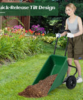 Person using Two Wheel Wheelbarrow Garden Cart With 330 Lbs Capacity And 21 Gallon Volume Heavy Duty Yard Dump Cart With Quick-Release Tilt Design