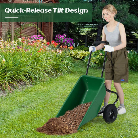 Person using Two Wheel Wheelbarrow Garden Cart With 330 Lbs Capacity And 21 Gallon Volume Heavy Duty Yard Dump Cart With Quick-Release Tilt Design