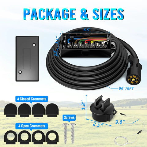 7 Way Trailer Cord 8 Ft With Junction Box Heavy Duty Waterproof Copper Blade Molded Plug For Secure Easy Wire Connections And Tidy Trailer Wiring Harness; 8 ft cord, grommets, screws