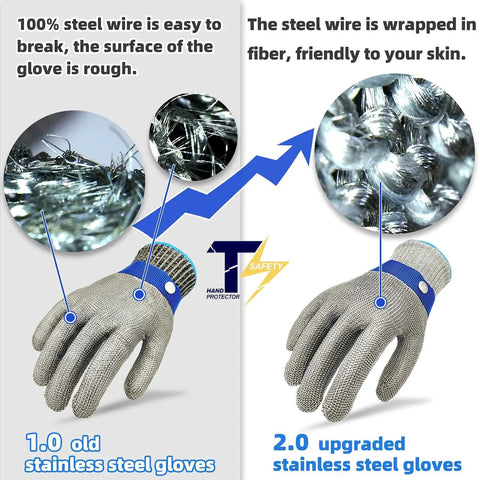 Comparison of old and upgraded stainless steel gloves with Level 9 ANSI A9 Beefy Cut Resistant Gloves With Stainless Steel Mesh And Metal Wire Construction For Meat Processing And Food Prep Heavy Duty Rustproof Hand Protection Medium Size.