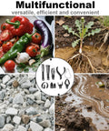 Multifunctional gardening tools with vegetables, soil, rocks, and dirt for efficient gardening use.