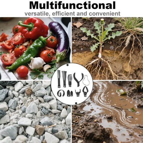 Multifunctional gardening tools with vegetables, soil, rocks, and dirt for efficient gardening use.