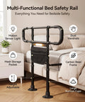 Motion Sensor Night Light Bed Rail For Seniors with dual handrails, carbon steel frame, and mesh storage pocket beside bed.