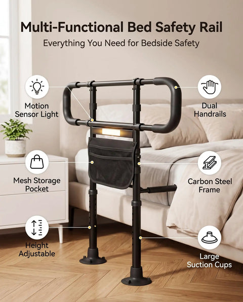 Motion Sensor Night Light Bed Rail For Seniors with dual handrails, carbon steel frame, and mesh storage pocket beside bed.