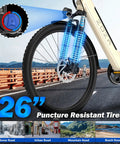 Front wheel of Beast 1000W Peak Electric Bike for Adults with 22 MPH Top Speed and 60 Mile Range, showing 26-inch tire and suspension.