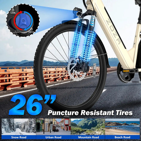 Front wheel of Beast 1000W Peak Electric Bike for Adults with 22 MPH Top Speed and 60 Mile Range, showing 26-inch tire and suspension.