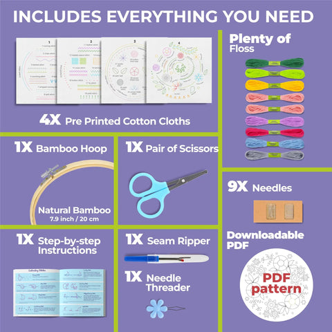 4 Piece Starter Embroidery Kit For Beginners And Pros With Simple Patterns Learn 29 Stitches By Hand Embroidery Set Includes Hoop 7.8 Inch Pre Printed Cloths And Plenty Of Thread For Easy At Home Crafting, showing contents including bamboo hoop, pre-printed cloths, floss, scissors, needles, and seam ripper.
