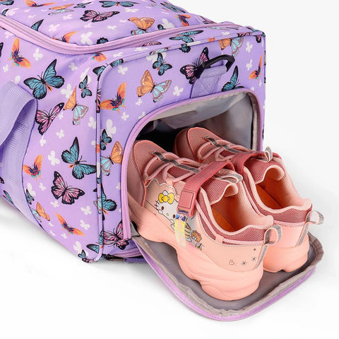 Purple butterfly-print kids' rolling luggage bag with front shoe compartment; pink sneakers inside