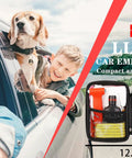 Family with dog beside car and Grab And Go Roadside Emergency Car Kit With Jumper Cables Headlamp Tow Straps Safety Hammer.