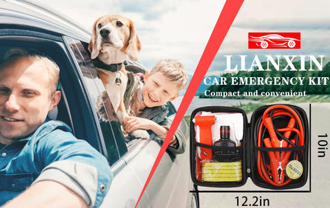 Family with dog beside car and Grab And Go Roadside Emergency Car Kit With Jumper Cables Headlamp Tow Straps Safety Hammer.
