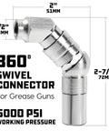 360 Degree Swivel Grease Gun Coupler With 45 Degree Angle For Easy Access To Most Grease Fittings, 6000 PSI Working Pressure, Ball Bearing Joints, O Ring Seals Keep Leaks In Check, Built Tough Grease Fitting Connector. 2" x 1/2" view
