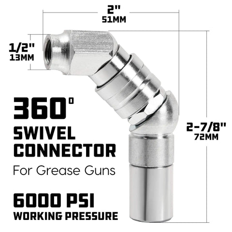 360 Degree Swivel Grease Gun Coupler With 45 Degree Angle For Easy Access To Most Grease Fittings, 6000 PSI Working Pressure, Ball Bearing Joints, O Ring Seals Keep Leaks In Check, Built Tough Grease Fitting Connector. 2" x 1/2" view