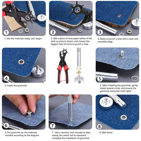 Step-by-step guide to using All In One Belt Hole Punch Tool Kit With Multiple Size Grommet Eyelets for belts, straps, and fabric projects.