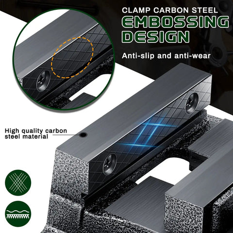 Heavy Duty 4 Inch Drill Press Vise Set Featuring Two Swappable Magnetic Gripping Pads and Rock Solid Machinist Bench Clamp showing carbon steel construction and anti-slip design.