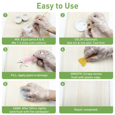 Step-by-step guide showing usage of All-In-One DIY Ready Home Surface Repair Kit For Tubs, Tiles, And Countertops - Fix Chips, Cracks.