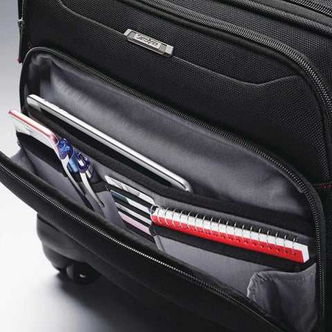Open front organizer of Xenon 3.0 Spinner Mobile Office Black Carry On With Four Multidirectional Wheels Built From Rugged 1680 Denier Ballistic Polyester