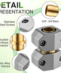 Detail view of Two Pack Metal Hose Menders for Five Eighth Inch and Three Quarters Inch Hoses, with stainless screws and brass connector.