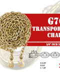 Grade 70 3/8 Inch By 20 Foot Transport Chain With Clevis Grab Hooks DOT Approved Heavy Duty Tie Down Binder Chain Yellow Zinc Plated 4 Pack 6,600 Lbs WLL For Trucks Trailers And Gear shown coiled with diagram