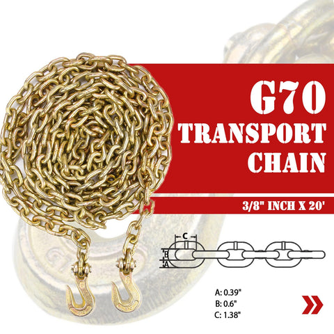 Grade 70 3/8 Inch By 20 Foot Transport Chain With Clevis Grab Hooks DOT Approved Heavy Duty Tie Down Binder Chain Yellow Zinc Plated 4 Pack 6,600 Lbs WLL For Trucks Trailers And Gear shown coiled with diagram
