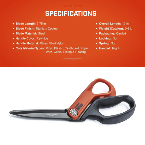 10 Inch Titanium Coated Offset Tradesman Shears For Cutting Leather, Wire, Cardboard Industrial Heavy Duty Utility Scissors Right Hand CW10T Built For Pro Tradesmen And DIY Pros Everywhere