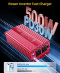 500W Pure Sine Wave Power Inverter With PD30W And QC18W Power Up 12V DC To 110V AC displayed with dual AC outlets