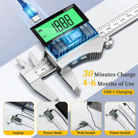 6 Inch Digital Caliper With Large Backlit LCD Display, Stainless Steel Vernier Calipers Tool, USB C Rechargeable shown charging