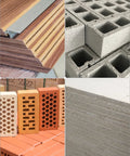 Composite image of wood panels, cinder blocks, perforated bricks, and drywall sheets for construction and DIY projects.