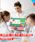 Teacher and students with fully laminated periodic table of elements poster with atomic numbers and weights for learning chemistry.