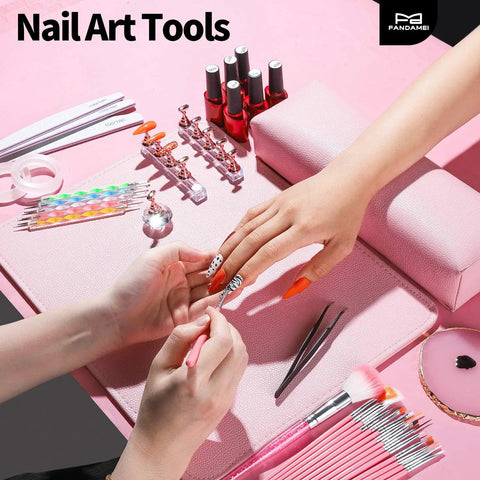 All-In-One Nail Art Kit With 15 Brushes, 5 Dotting Tools, Magnetic Nail Stands, Nail Holder And Palette displayed on pink table