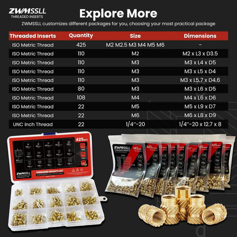 Display of 1/4-20 Heat Set Threaded Inserts For 3D Printing, 60 Pieces Brass Knurled Nuts, multiple sizes and packs visible