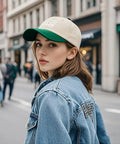 Woman wearing a breathable cotton women dad hat with adjustable strap, beige with green edges, lightweight summer cap for outdoors.