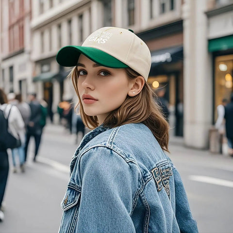 Woman wearing a breathable cotton women dad hat with adjustable strap, beige with green edges, lightweight summer cap for outdoors.
