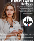 Woman wearing USB C Earbuds With Microphone For S26 S25 S24 A16 A17 And Pixel And iPhone, magnetic design shown in inset.